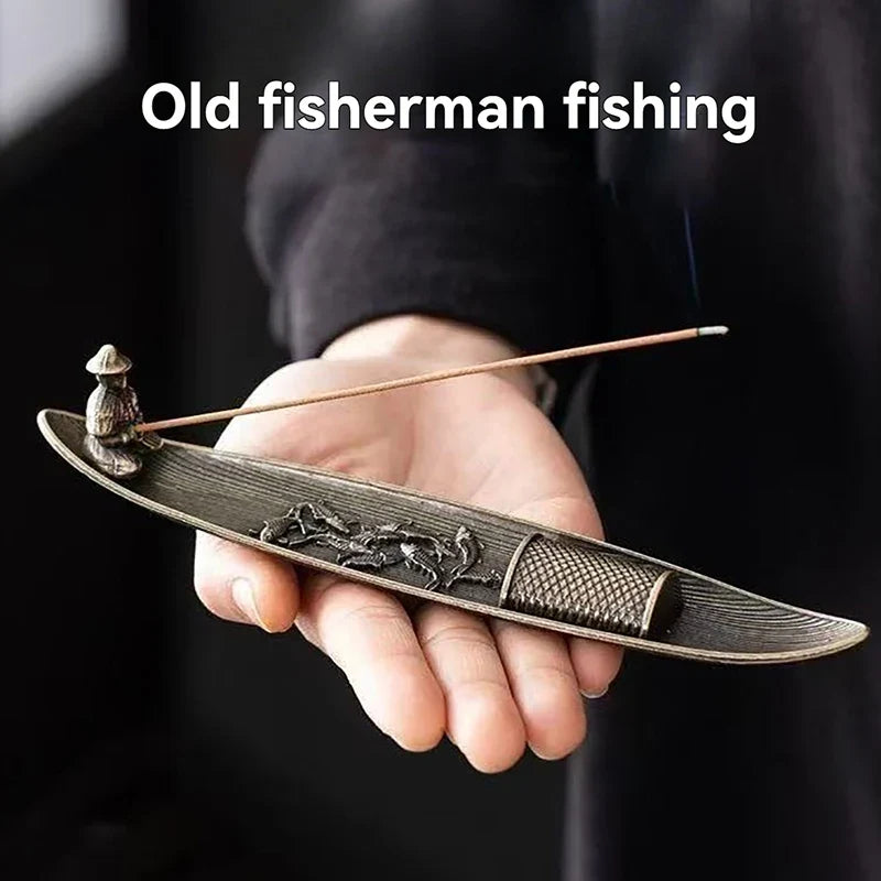 Fishing Old Man Incense Burner | Decorative Metal Boat Incense Holder