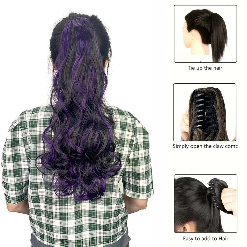 20 Inch Long Curly Ponytail Hair Extension | Mixed Red Purple Clip-In Hairpiece