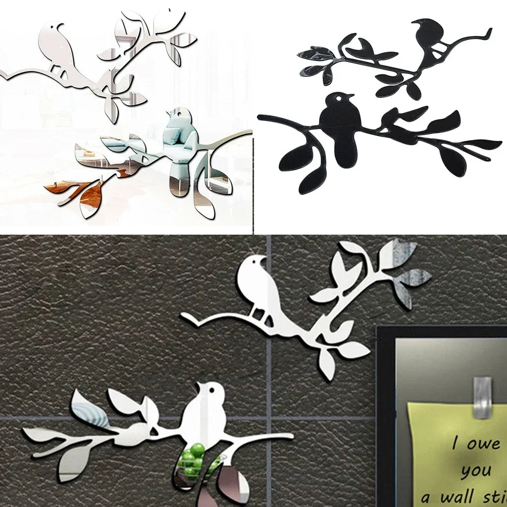 3D Mirror Birds Branch Wall Stickers | Removable Decorative Wall Art for Home