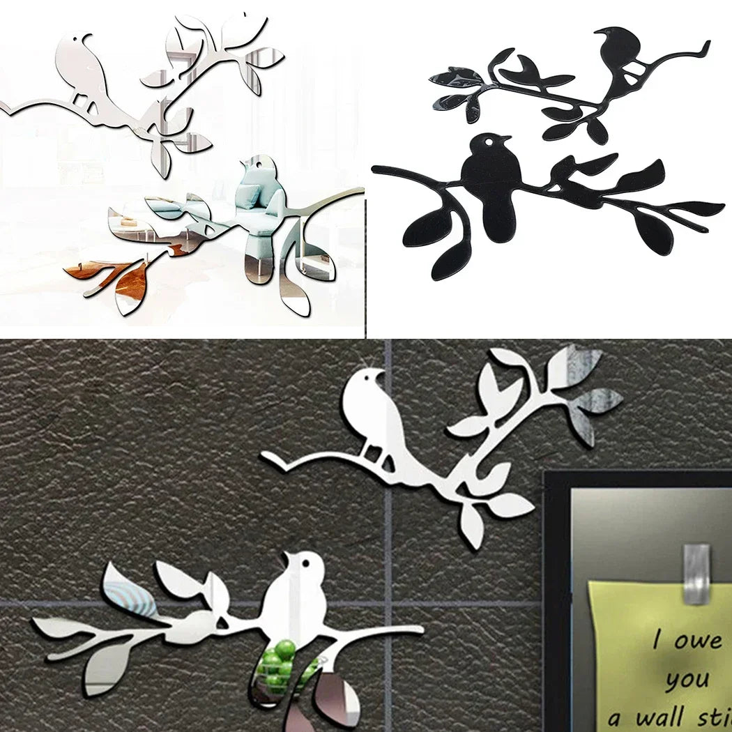 3D Mirror Birds Branch Wall Stickers | Removable Decorative Wall Art for Home