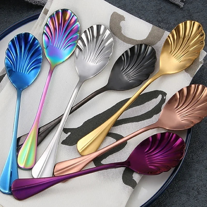 Shell Shape Stainless Steel Spoon with Long Handle | Dessert Spoon and Ice Cream Scoop