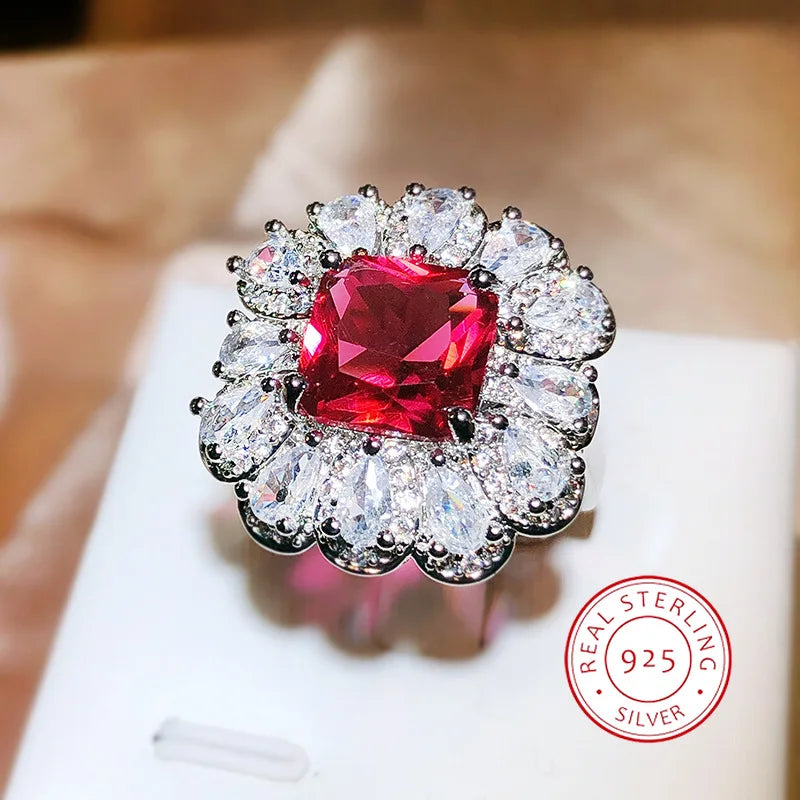 Red Zircon Paraiba Ring 925 Silver | Simple Geometry Cocktail Ring for Women