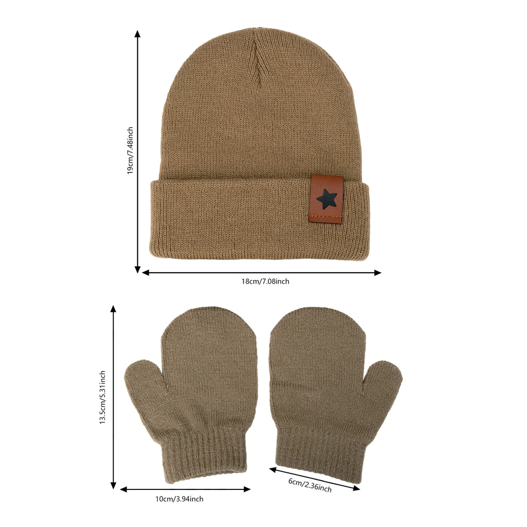 Baby Knitted Hat and Glove Set | Solid Winter Turban with Leather Star Tag