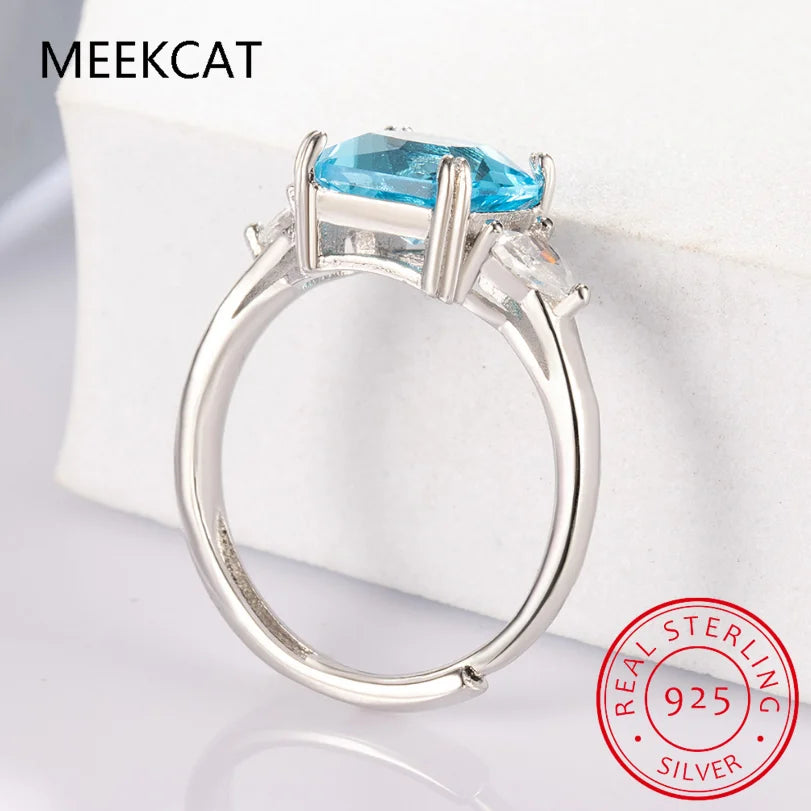 1.9ct Square Natural Sky Blue Topaz 925 Sterling Silver 3 Stone Ring | Women's Wedding Gemstone Jewelry