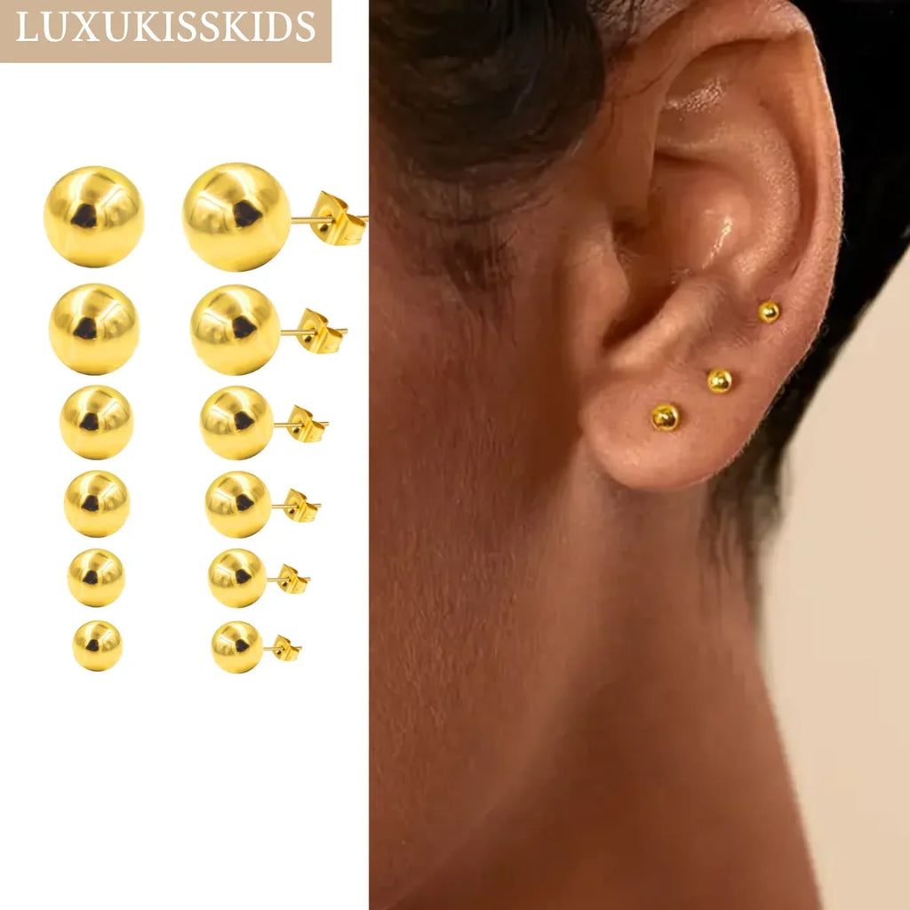 Stainless Steel Ball Stud Earrings Set 6 Pairs | Minimalist Round Clip Earrings for Women Girls
