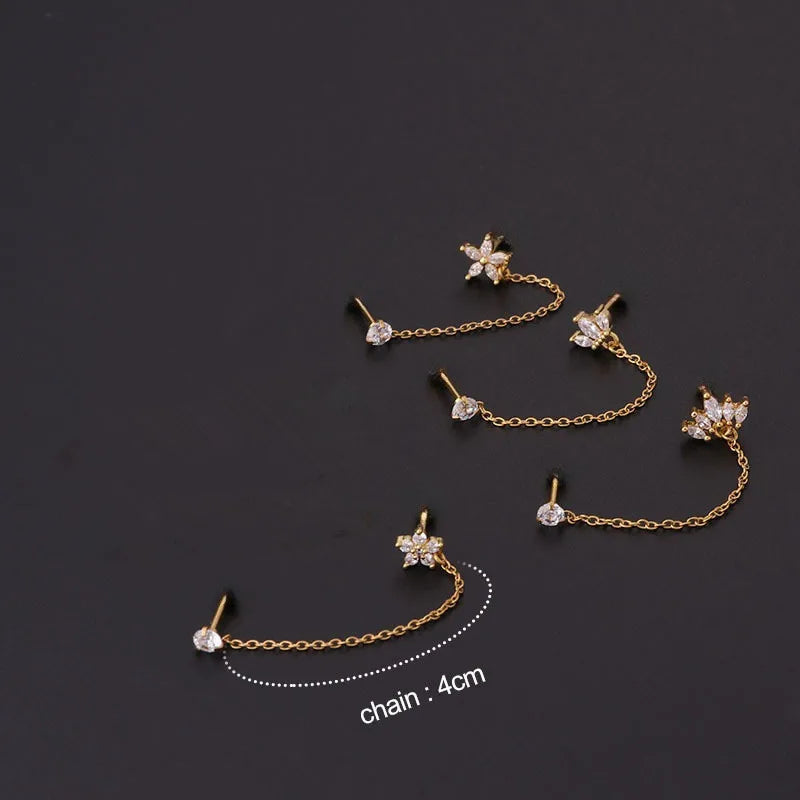 3PCS Stainless Steel Zircon Flower Star Ear Stud Earrings Set | 14K Gold Plated Chain Cartilage Piercing Earrings for Women