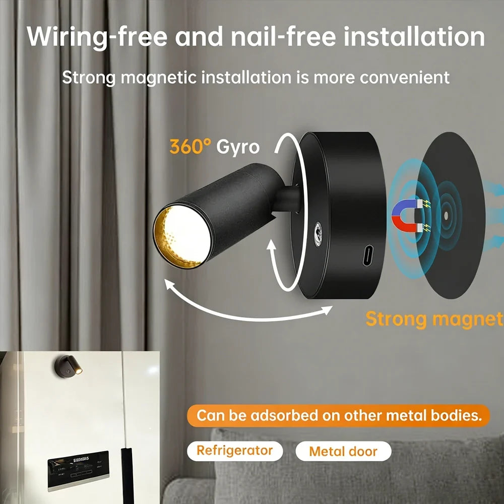 Magnetic USB Rechargeable LED Wall Light | Dimmable Touch Switch Reading Lamp