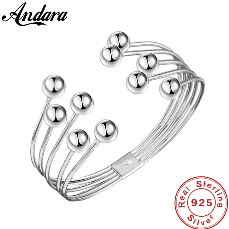 Andara 925 Silver Bead Open Cuff Bracelet Bangle | Unisex Sterling Silver Jewelry Gift