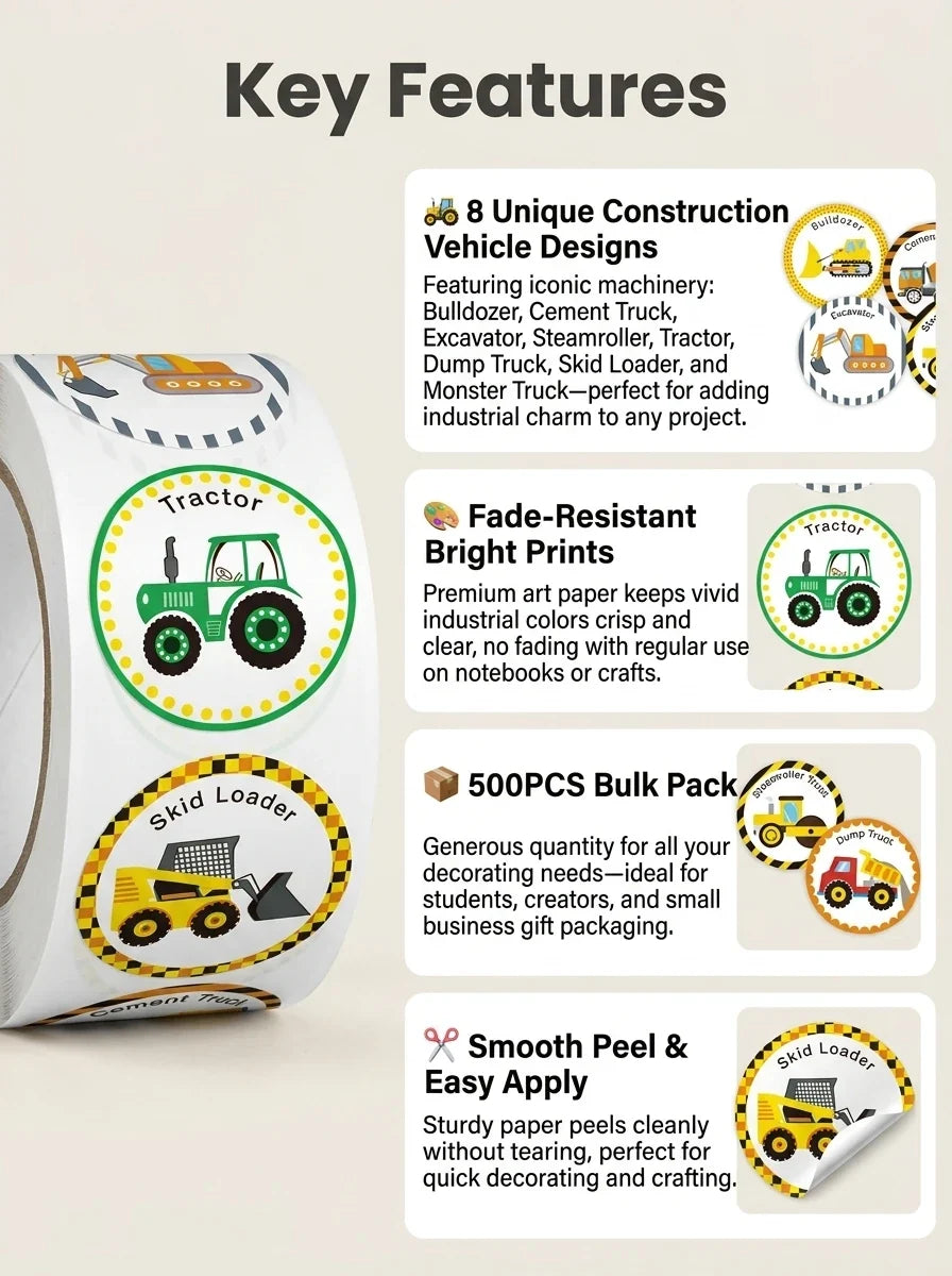 1 Roll (500 Stickers) Cartoon Engineering Vehicle Sticker Set | Teacher Reward Labels