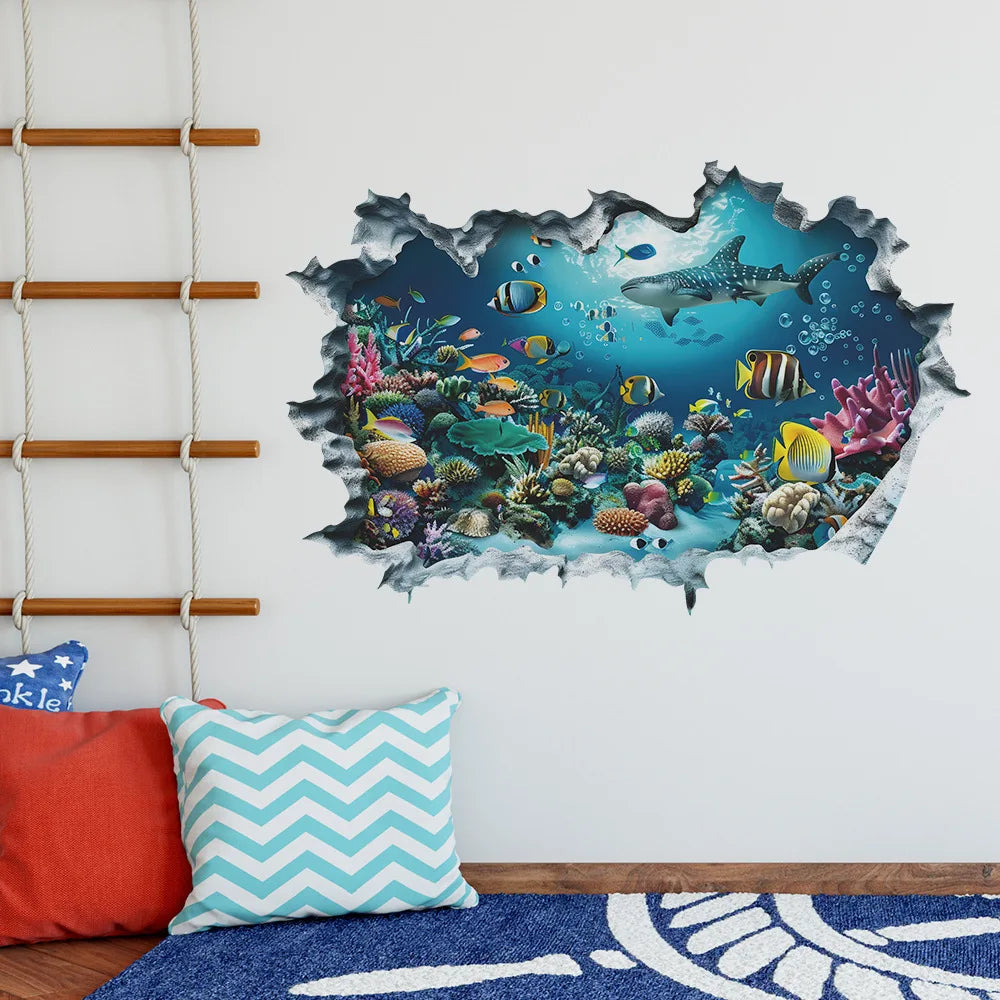 3D Shark Wall Stickers for Kids Room | Ocean Aquarium Broken Wall Decals