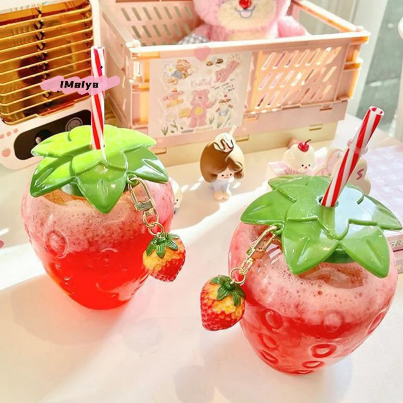 Strawberry Water Bottle 500ml | Cute Reusable Straw Cup for Home and Outdoor Use