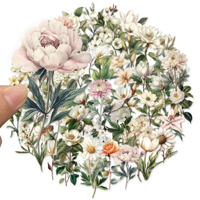 50PCS Transparent Vintage Floral Stickers | Nature Plant Flower Scrapbook Decals