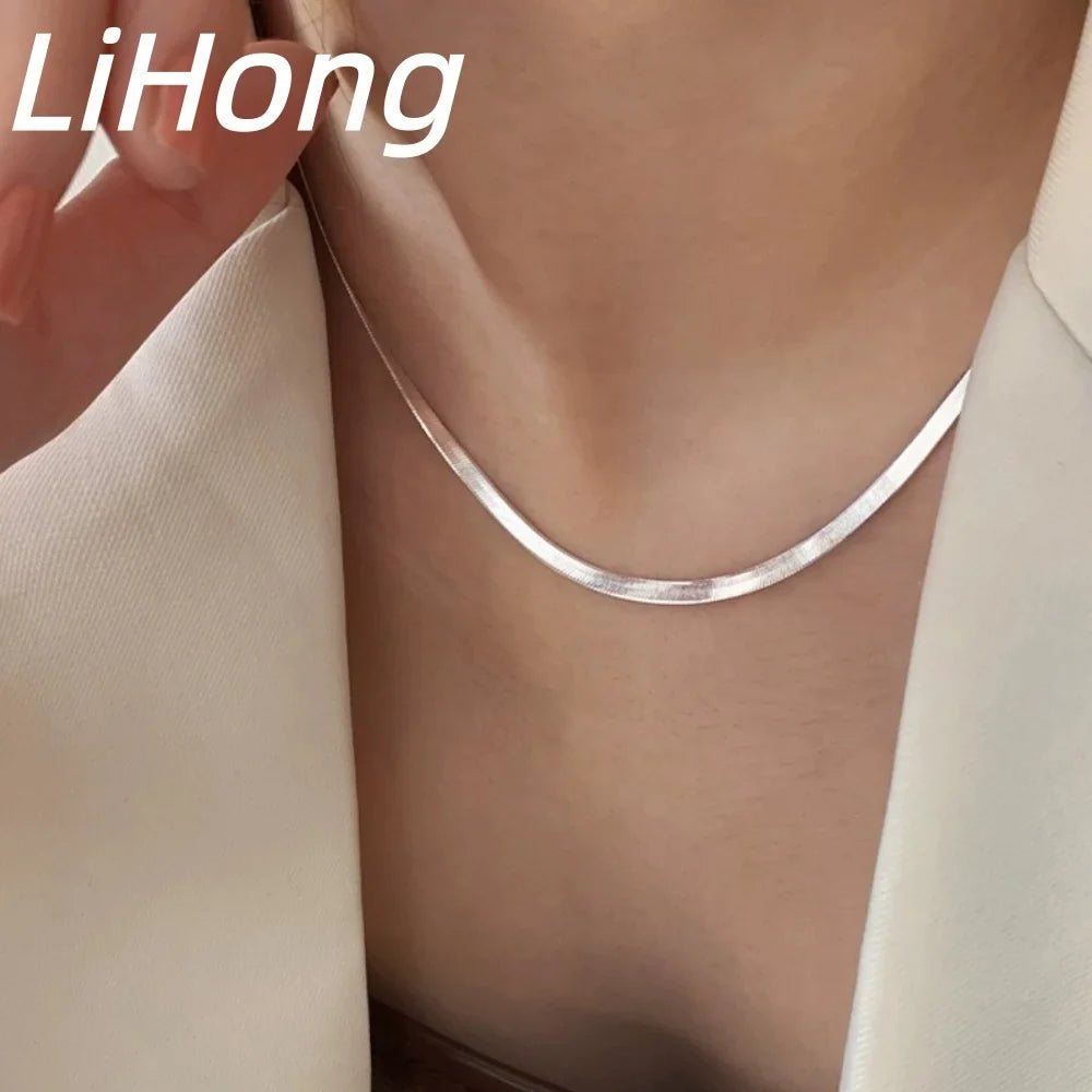 925 Sterling Silver Snake Blade Flat Necklace | Flat Clavicle Chain for Men and Women