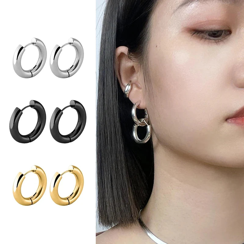 2pc Stainless Steel Small Hoop Earrings | Unisex Punk Hip Hop Huggie Earrings