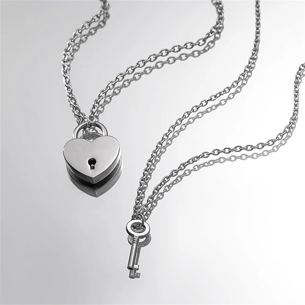 Romantic Key and Heart Couple Necklace Set | Stainless Steel Lock and Key Pendant for Lovers