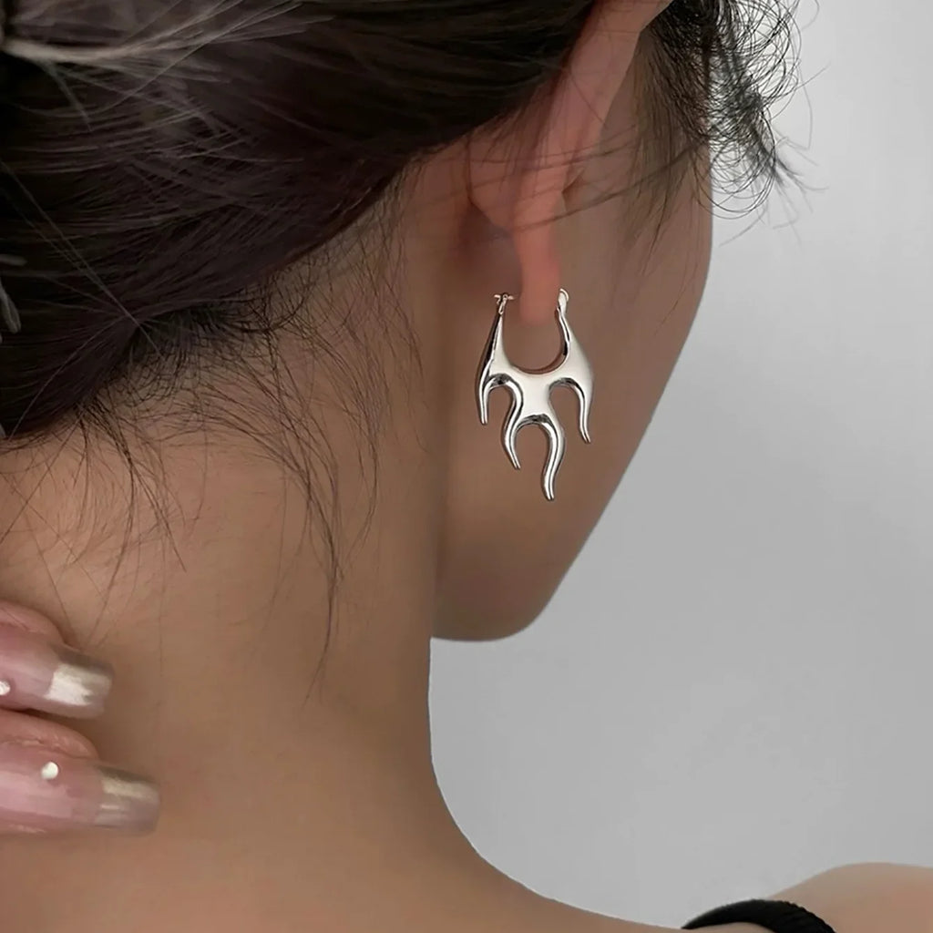 Gothic Punk Gold Flame Hoop Earrings for Women | Exaggerated Geometric Piercing Jewelry