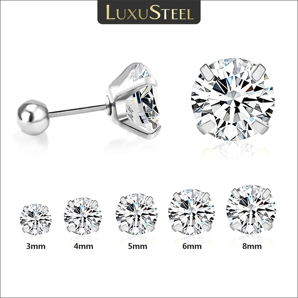 LUXUSTEEL Crystal Zircon Stud Earrings | Screw Back Round CZ Earrings for Men Women