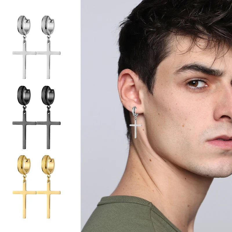 Stainless Steel Frosting Hoop Earrings | Punk Cross Dangle Earrings for Unisex