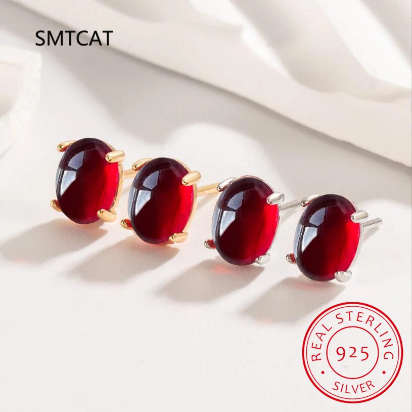 Oval Cut Red Garnet 925 Sterling Silver Stud Earrings | Women's Fashion Gemstone Jewelry
