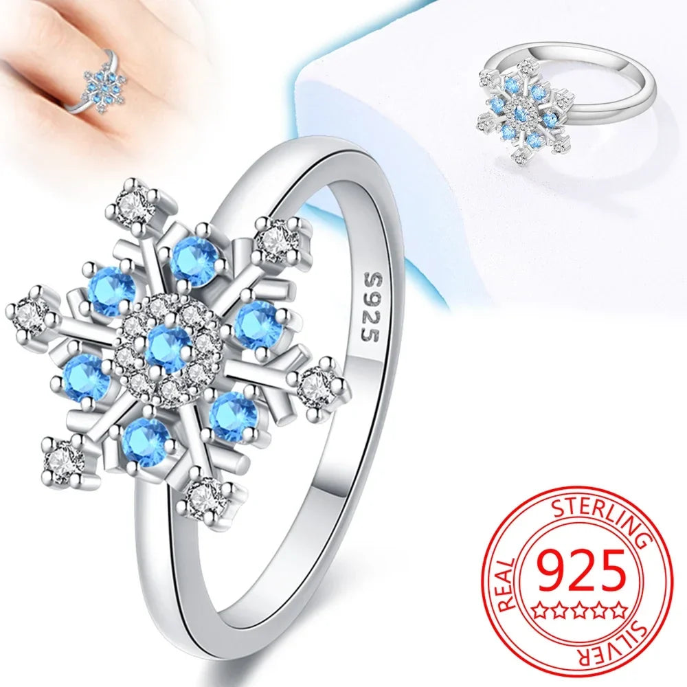 925 Sterling Silver Blue Zircon Snowflake Ring | Winter Christmas Wedding Party Jewelry