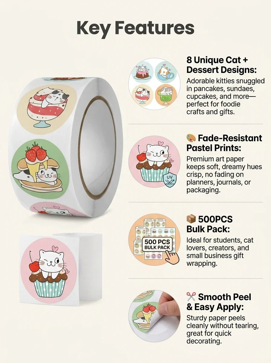 1Roll(500Pcs) Cute Cats in Cup Lovely Animal Stickers | 8 Designs DIY Decal Gift
