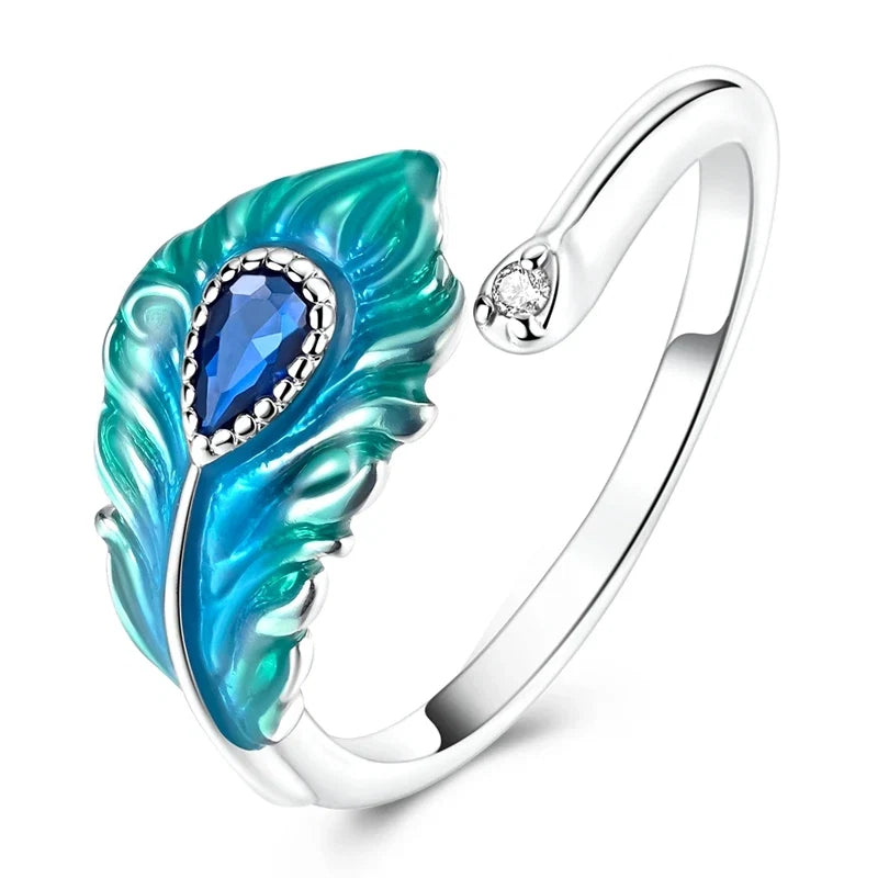 925 Sterling Silver Malachite Green Open Ring | Peacock Feather Adjustable Ring for Women