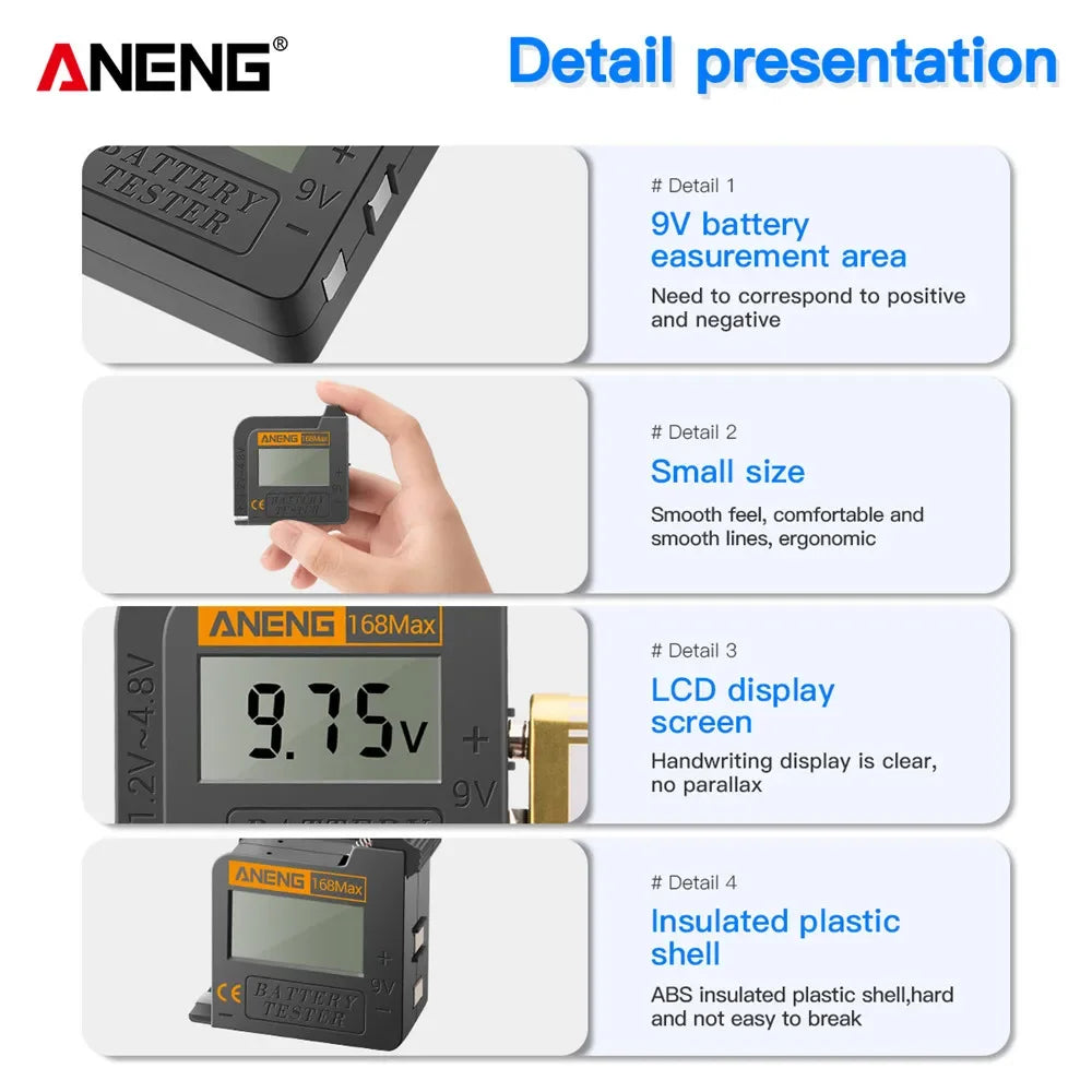 ANENG 168Max Digital Lithium Battery Tester | Universal Capacity Checker for AAA AA Button Cells