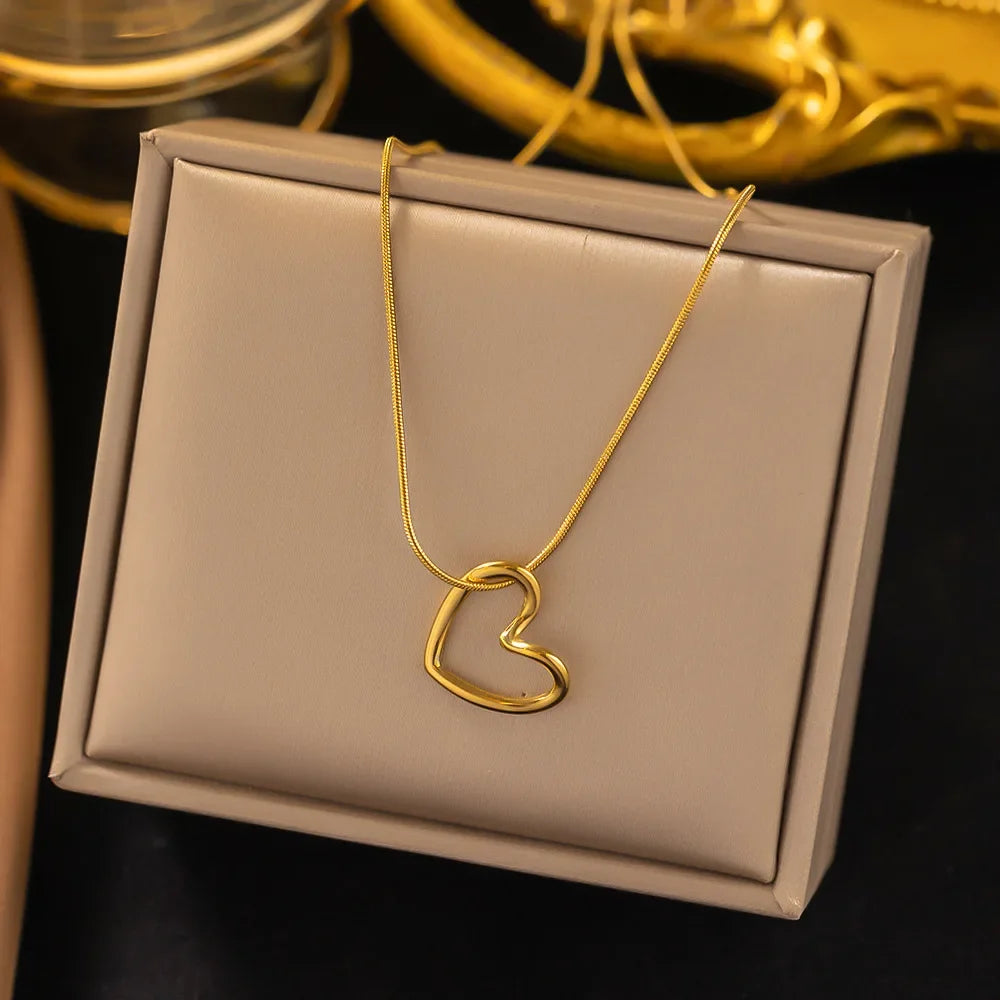 ANENJERY Stainless Steel Twist Hollow Heart Pendant Necklace | Trendy Clavicle Chain for Women