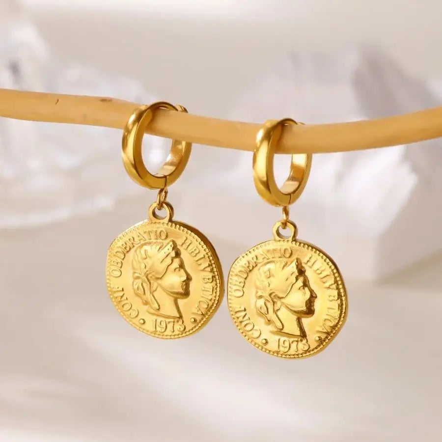 18K Gold Plated Portrait Coin Earrings | Stainless Steel Jesus Cross Dangle Huggie Earrings