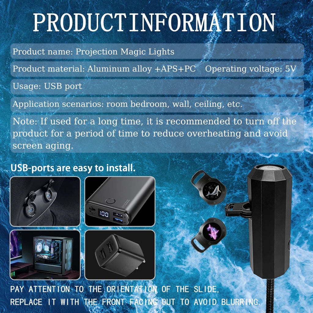 Ocean USB Projector Night Light | 8 Replaceable Lamp Sheets for Ambient Home Ceiling Lighting