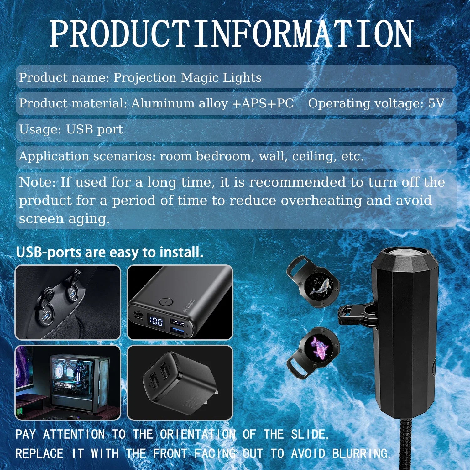 Ocean USB Projector Night Light | 8 Replaceable Lamp Sheets for Ambient Home Ceiling Lighting