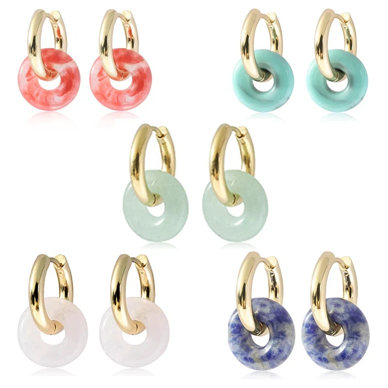 Natural Stone Double Hoop Earrings | Crystal Circle Dangle Drops for Women