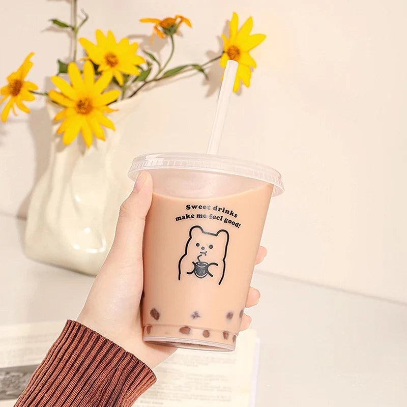 Kawaii Water Bottle for Coffee Juice Milk Tea | Cute Plastic Cold Cups with Straw Lid
