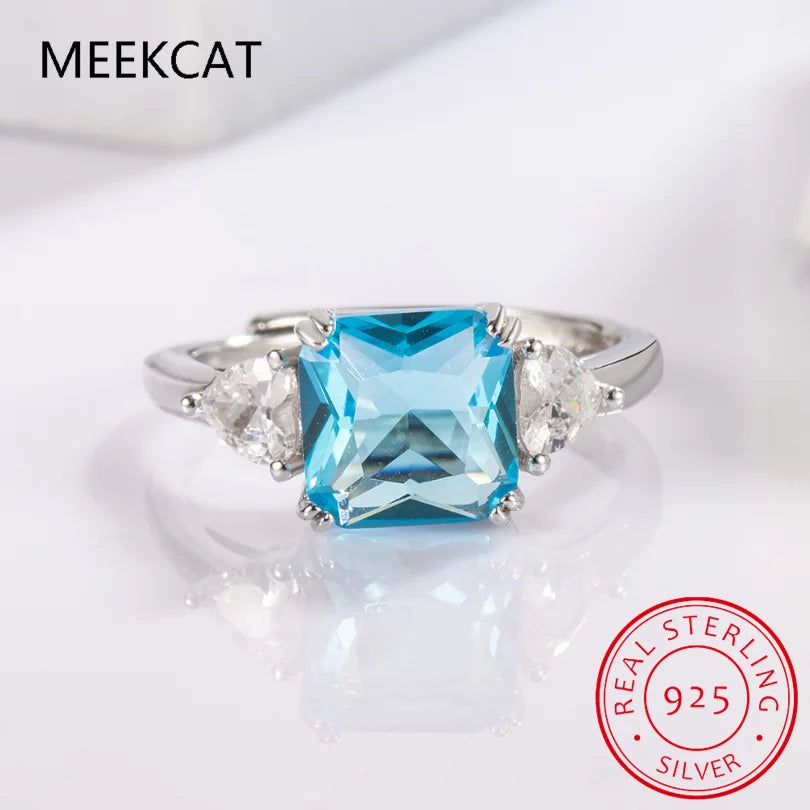 1.9ct Square Natural Sky Blue Topaz 925 Sterling Silver 3 Stone Ring | Women's Wedding Gemstone Jewelry
