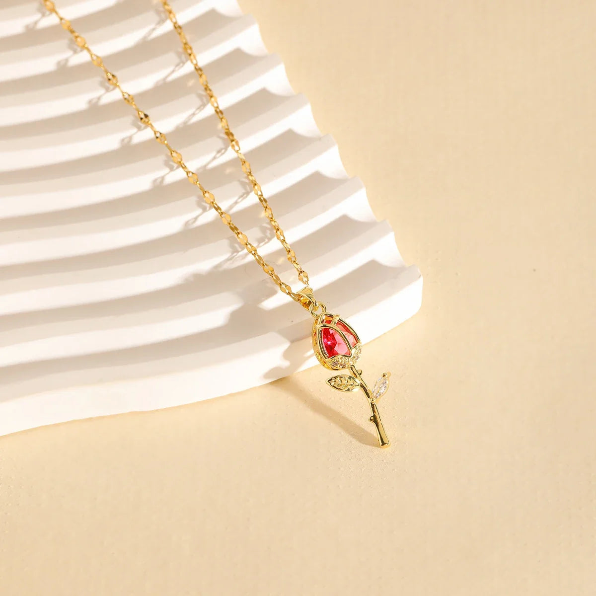 Elegant Pink Rose Flower Pendant Necklace | Light Luxury Zircon Jewelry Gift