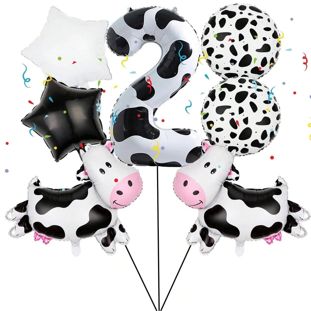 7pcs Cow Print Number Balloon Set | Farm Animal Birthday Party Decoration