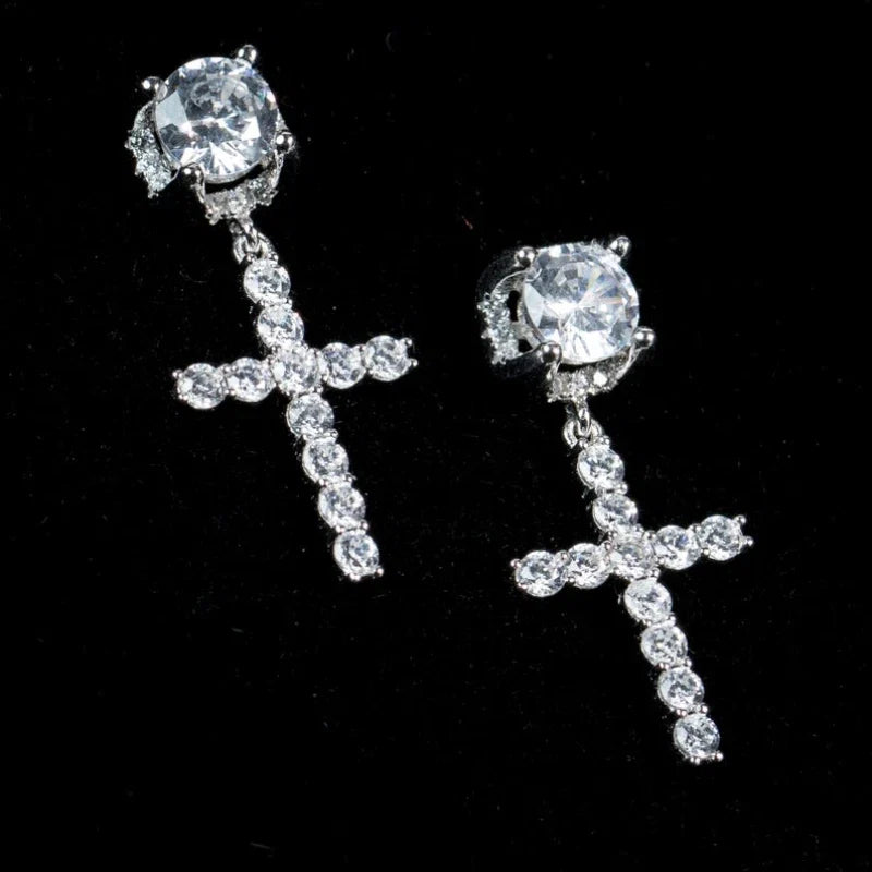 Punk Gold/Silver Cross Stud Earrings | Hip Hop Rhinestone Piercing Ear Accessories