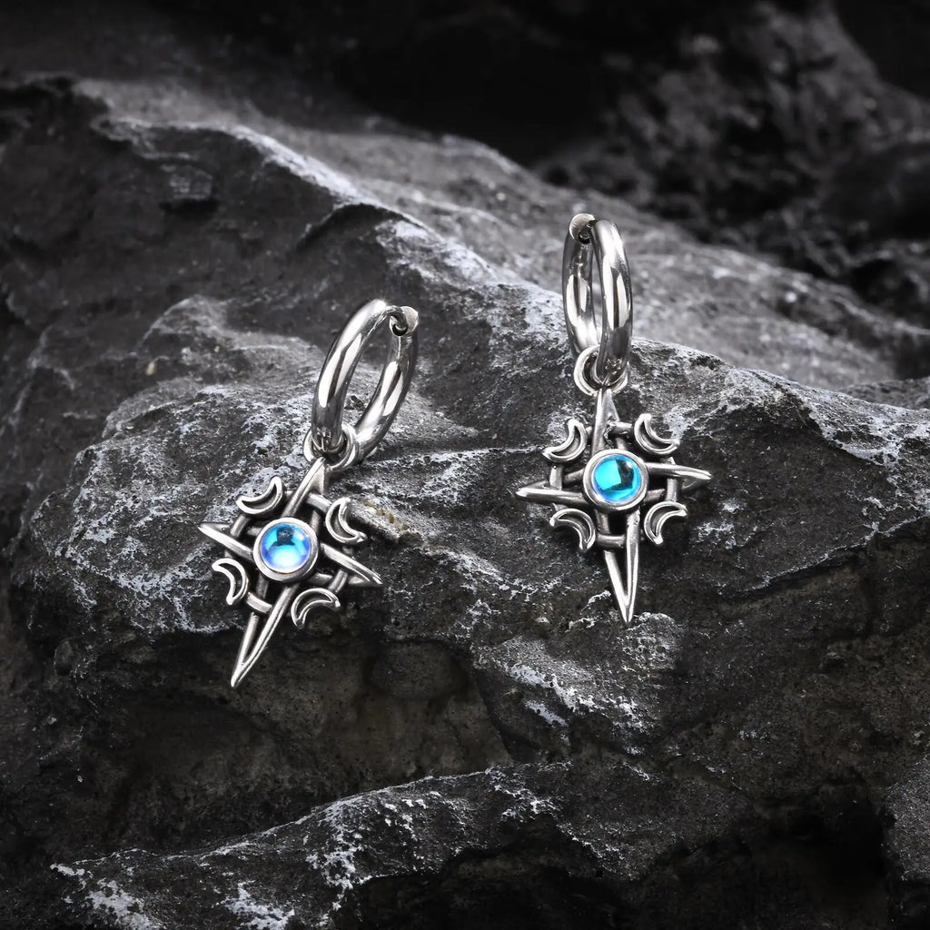 Stainless Steel Star and Moon Stone Earrings | Unisex Hoop Earrings Gift