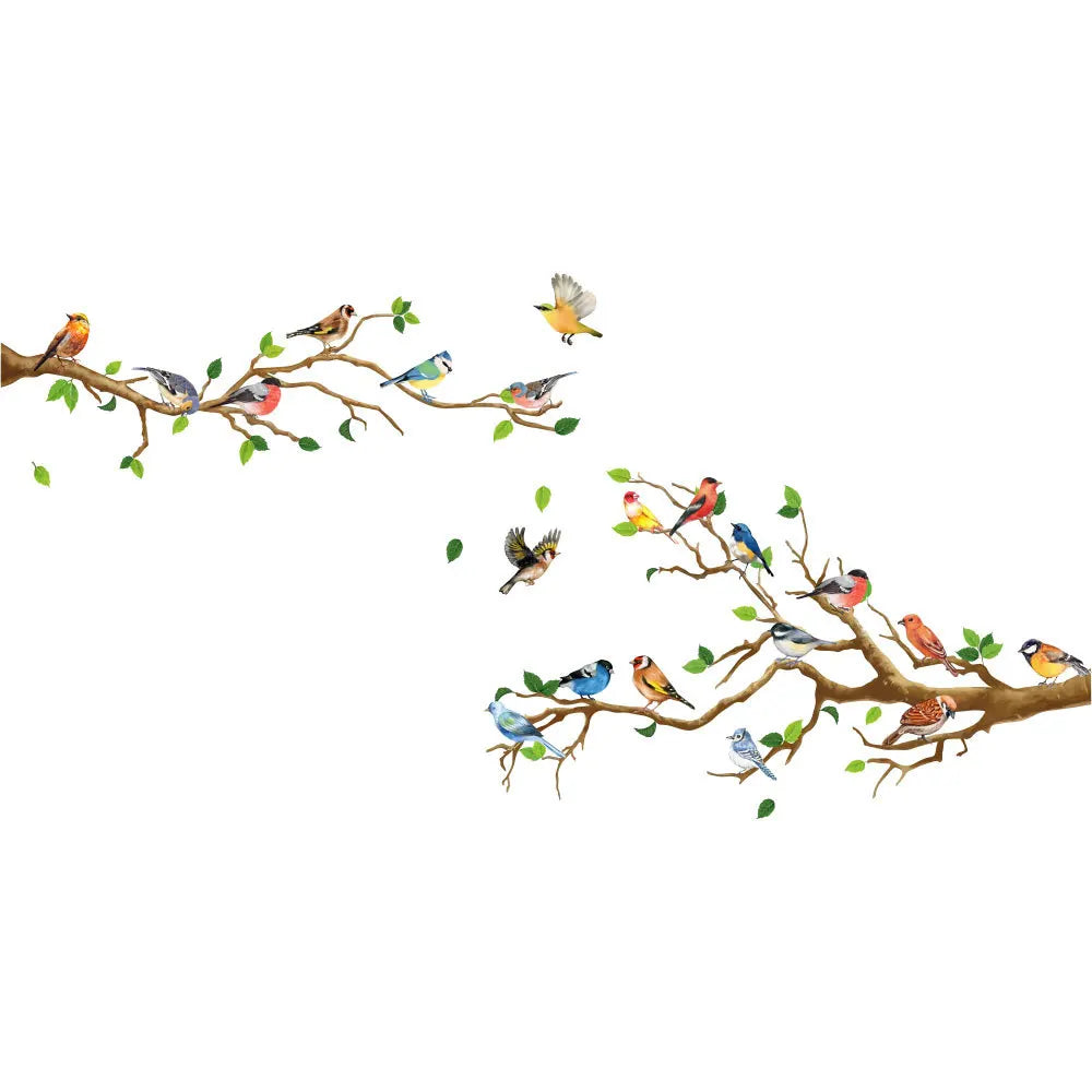 Colorful Birds on Branch Wall Decal | 4pcs Self-Adhesive PVC Art Sticker Set
