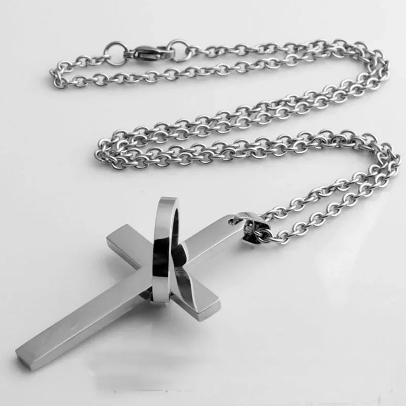 Simple Cross With Circle Pendant Necklace | Stainless Steel Christ Cruz Chain for Men and Boys
