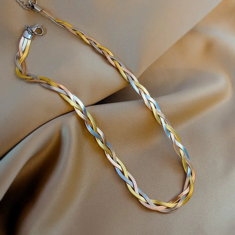 Tricolor Hand Braided Stainless Steel Necklace | Cuban Chain Jewelry for Women