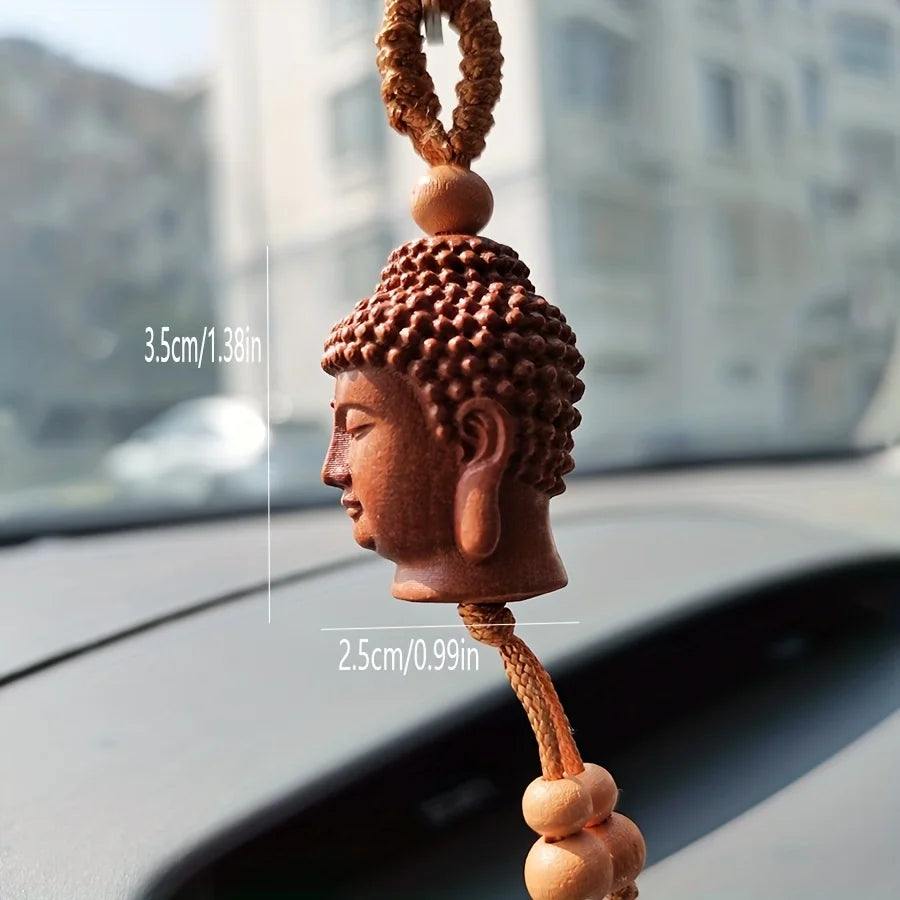 Buddha Head Carved Wood Keychain | Peach Wood Key Ring