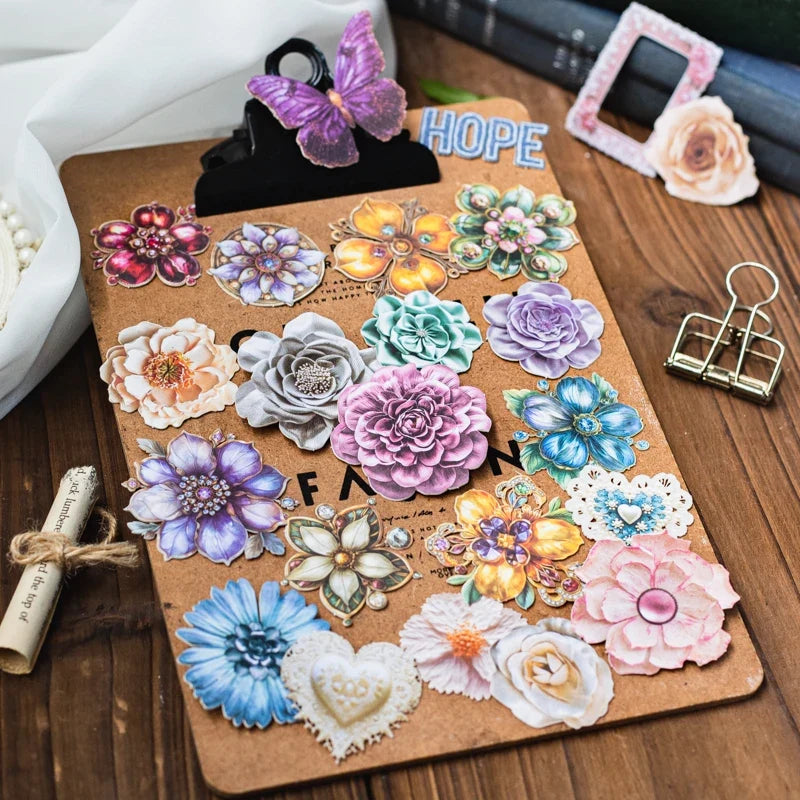 20pcs Hard Card Flower Stickers for Scrapbooking | Floral Craft Decor Set