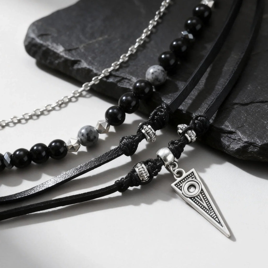 Multi-Layer Black Leather Necklace | Rock Punk Geometric Pendant for Men
