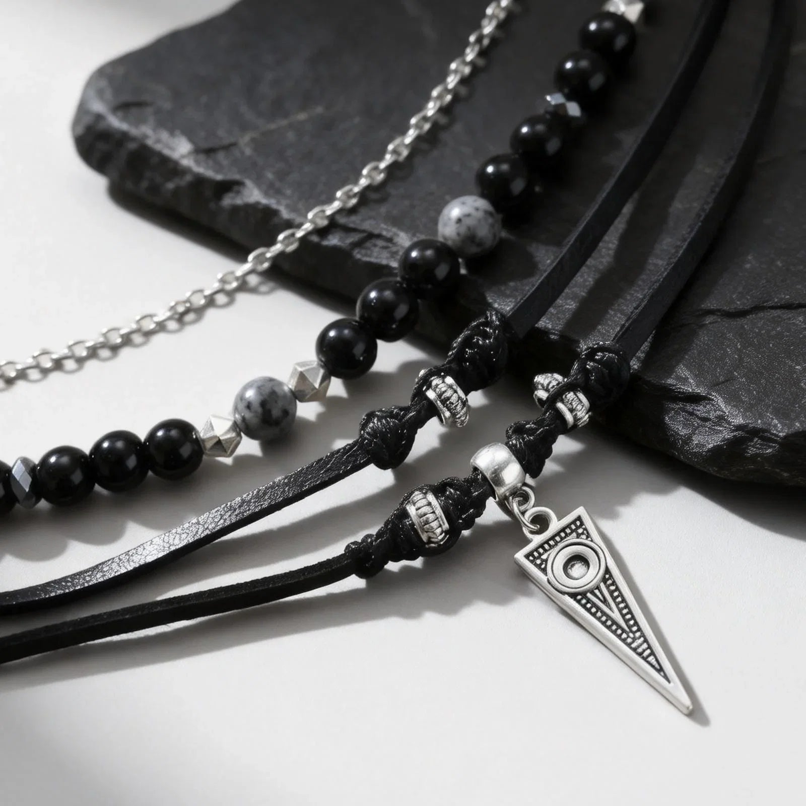 Multi-Layer Black Leather Necklace | Rock Punk Geometric Pendant for Men