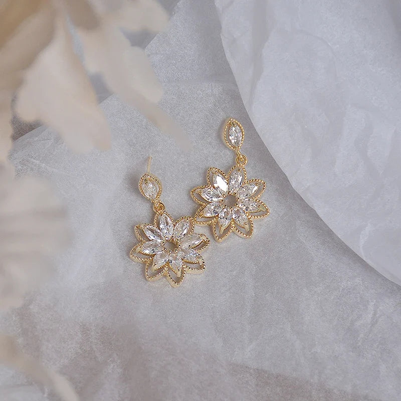 14K Real Gold Dainty Korean Flower Earrings for Women | Bling AAA Zirconia Stud Earrings
