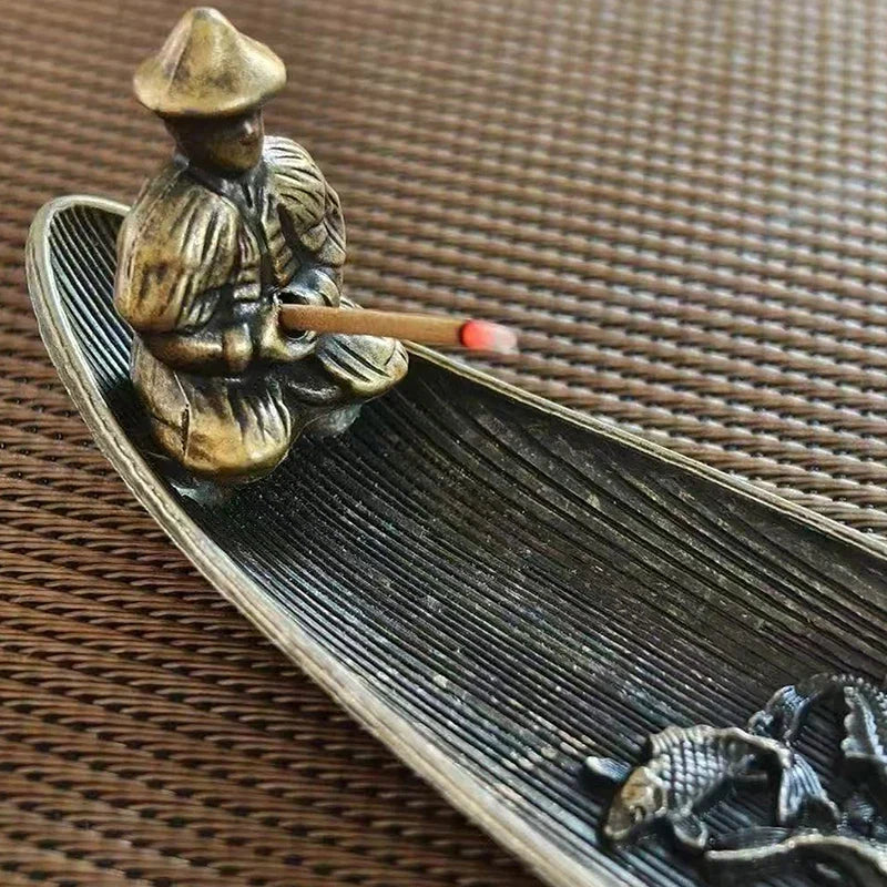 Fishing Old Man Boat Incense Burner | Metal Sandalwood Incense Holder for Home