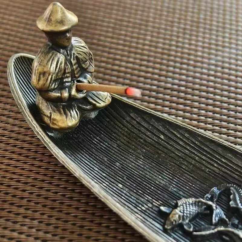 Fishing Old Man Incense Burner | Decorative Metal Boat Incense Holder