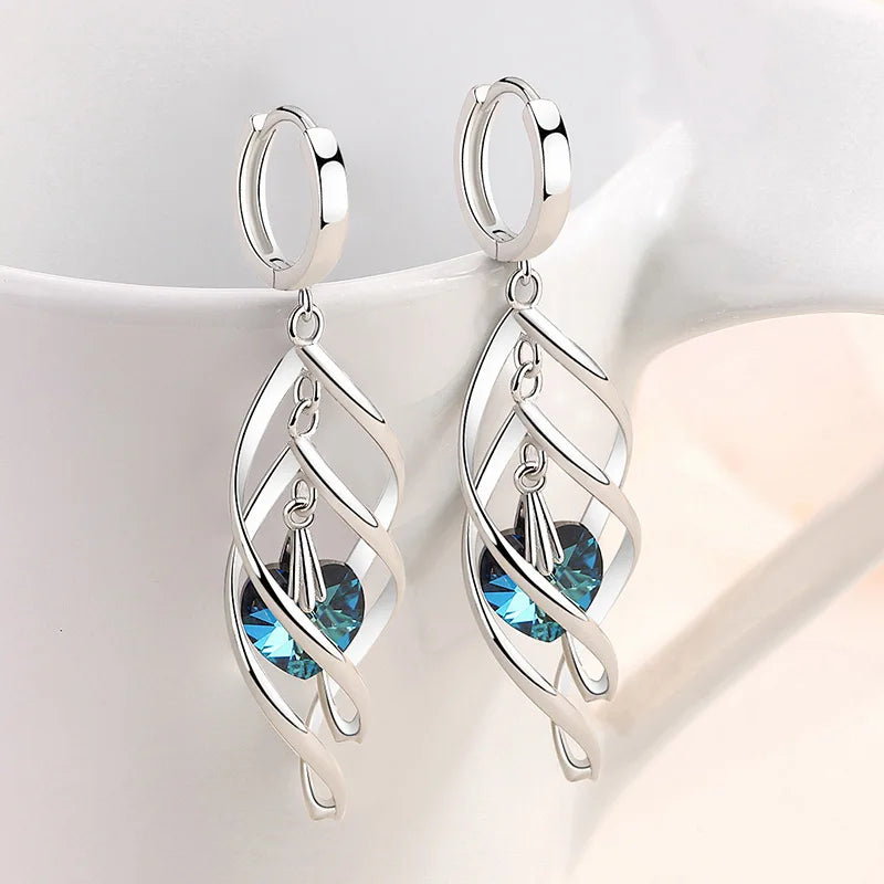 925 Silver Blue Crystal Drop Earrings | Hollow Long Dangle Earrings for Women