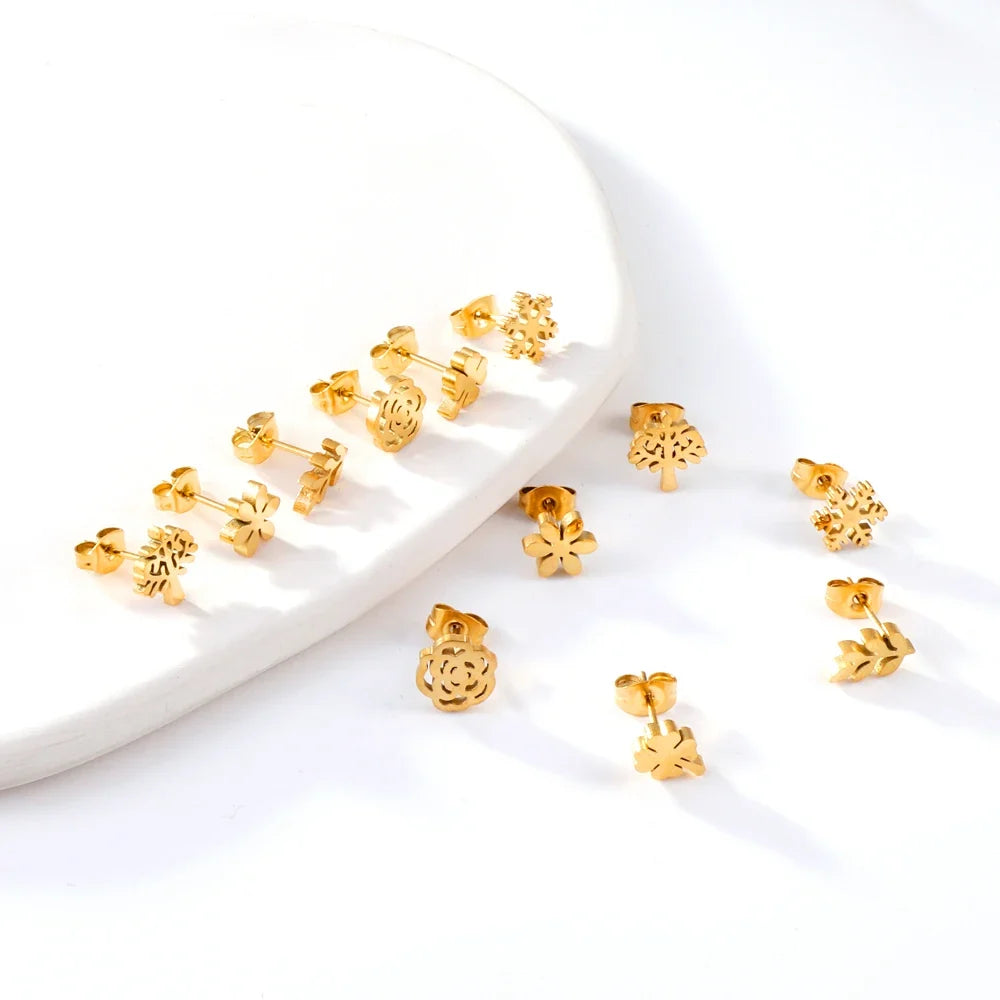 6 Pairs Vintage Stud Earrings Set for Women | Stainless Steel Snowflake Piercing